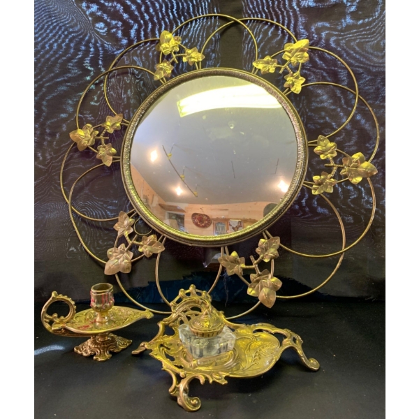 Assorted Brass Collection; Decorative Mirror 17T,  Plus Candle Holders