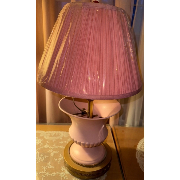 Pretty in Pink w/Brass Base Antique Lamp w/Shade 23"tall