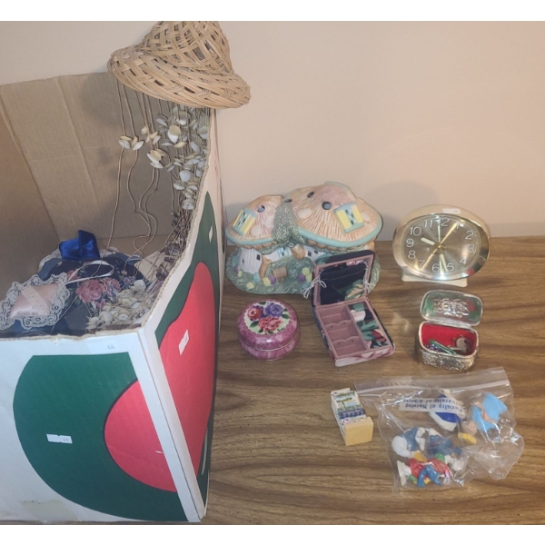 Shell Windchime, Westclox Big Ben Alarm, Small Boxes, Assorted Trinkets