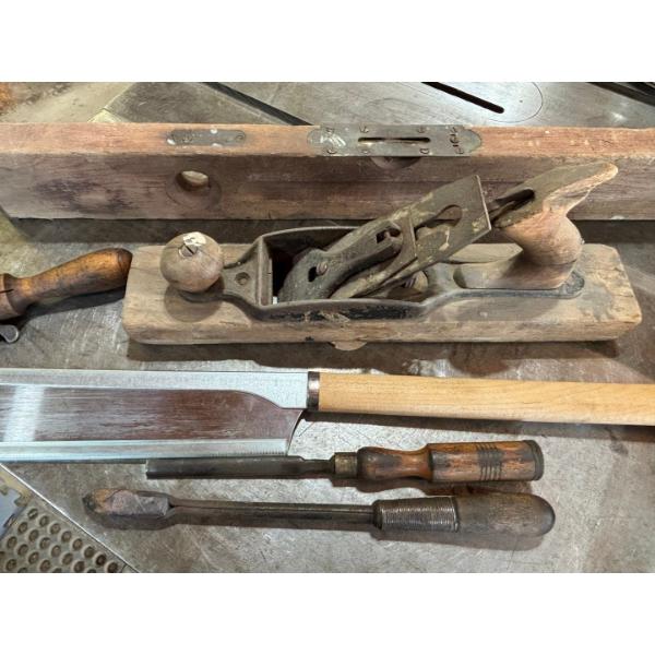 antique wood, plain, antique level chisel & new saw

