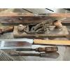 Image 1 : antique wood, plain, antique level chisel & new saw

