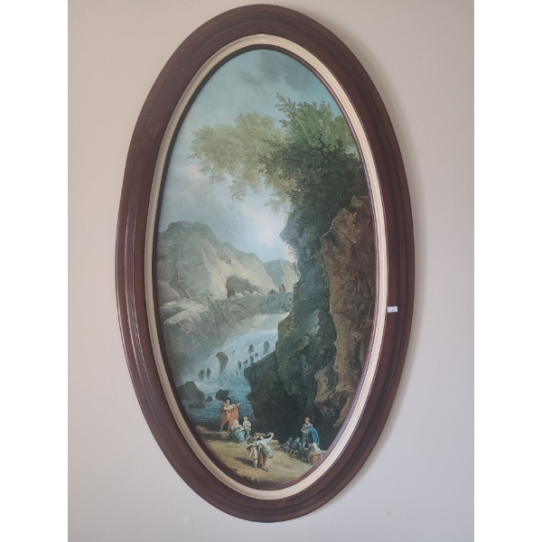 Board Print of Waterfall and Bridge Scene in Oval Frame 26 X 44