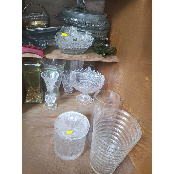 Assorted Platters, Dishes, Vases and Other Glassware- Ribbed Vase  T, Dish 9" Diameter, 7.5 T 