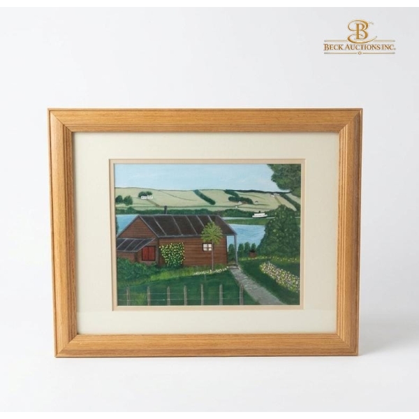 Landscape Painting Featuring A Rustic Wooden Cabin Situated Beside A Lake