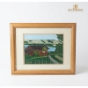 Image 1 : Landscape Painting Featuring A Rustic Wooden Cabin Situated Beside A Lake