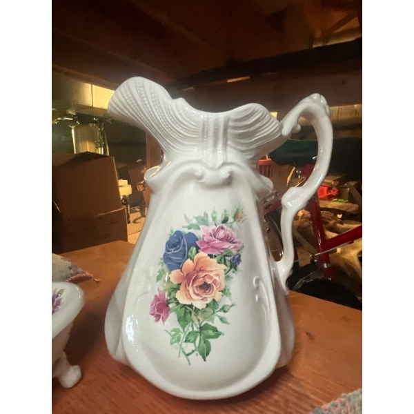  elegant water, basin and pitcher from MLS along with small pottery top with flowers and new white c