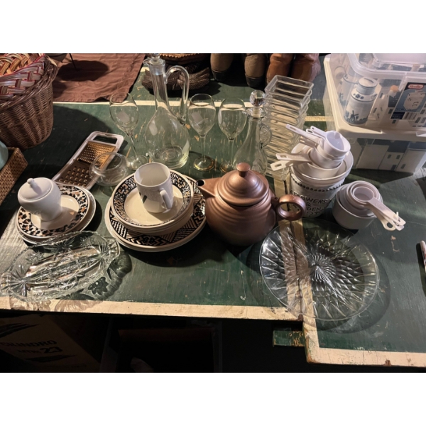  collection of plates, wine, glasses, tea pot, and two decanters