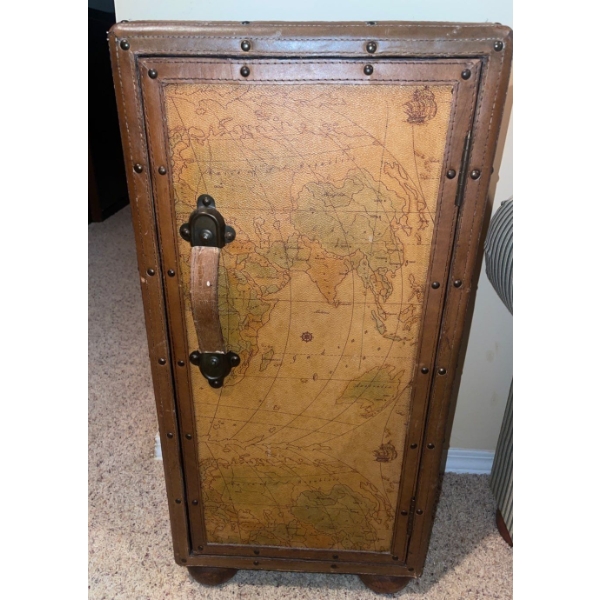 Vintage Map Design Leather Butler Style Cabinet/Hutch- Storage Chest