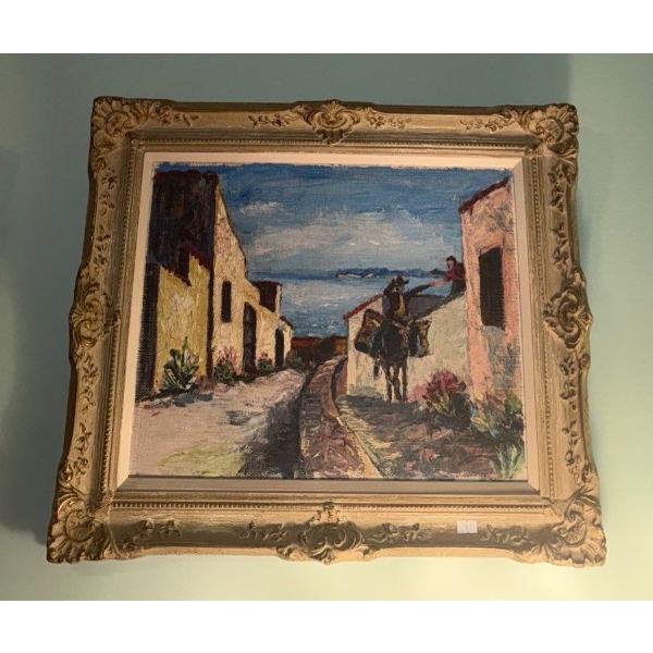 Vintage Oil On Canvas Landscape Art Piece in Gold Beveled Frame - Signature Illegible 