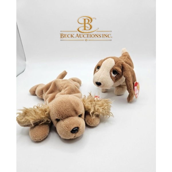  Vintage Ty Beanie Babies Dog Plush Toys , "Sniffer" & "Tracker" 1997-2000