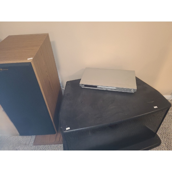 Black MDF TV Stand 30 W, 20 D, 18 T, Two Speakers 11 W, 16 D, 34 T, Compulink DVD Player 