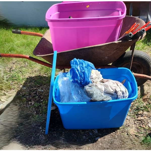 Wheelbarrow 27 W, 64 D, 21 T, Blue Bin of Painting Supplies, Safety Markers, Some Fertilizer 