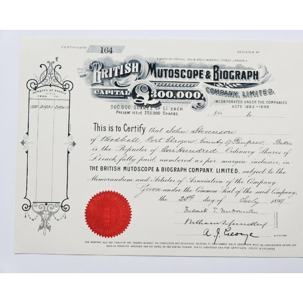Vintage Share Certificate For The British Mutoscope & Biograph Company, Limited. 