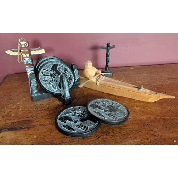 Handmade First Nation Collectibles - Totem Poles Man In Kayak & Carved Coasters 