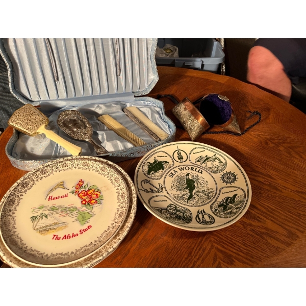 Antique silver plated brush set with plates from all over including SeaWorld and Hawaii and Oklahoma