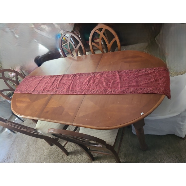 Dining Table w/ Removable Leaf 77 W, 42 D, 28 T and 6 Chairs 19 W, 19 D, 39 T