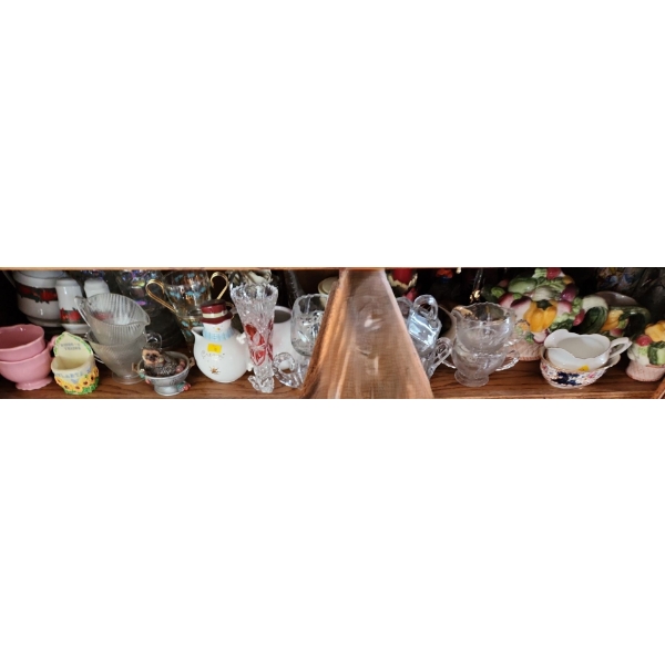 Contents of Shelf (1) Including: Cream/ Sugar Servers, Candleholders and Other Home Decor 