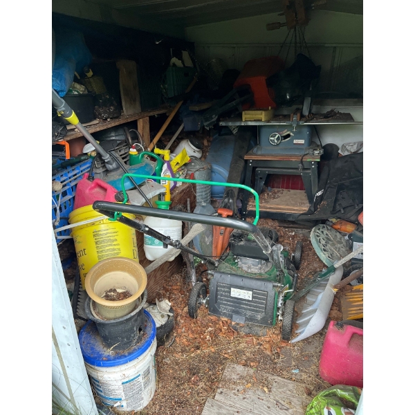 Shed with all contents, including snowblower, lawnmowers, table, saws, and all your gardening needs 