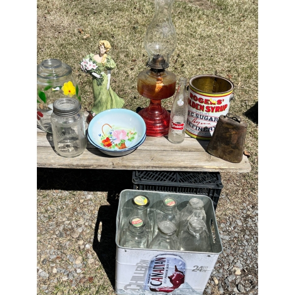 Oil lamp, glass cookie jar (has chip)Nabob coffee glass jar, Roger syrup, tin two enamel flower bowl