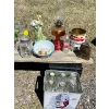 Image 1 : Oil lamp, glass cookie jar (has chip)Nabob coffee glass jar, Roger syrup, tin two enamel flower bowl