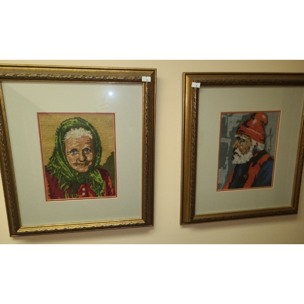 Needle Point Framed Art Pair of Faces: 16 X 18