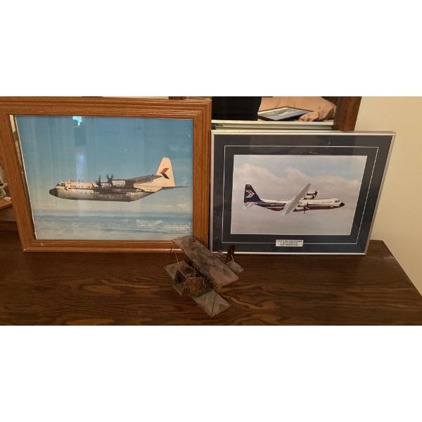 Pair of Airplane Prints w/ Copper Airplane Figure  (Largest is 23.5x20) 