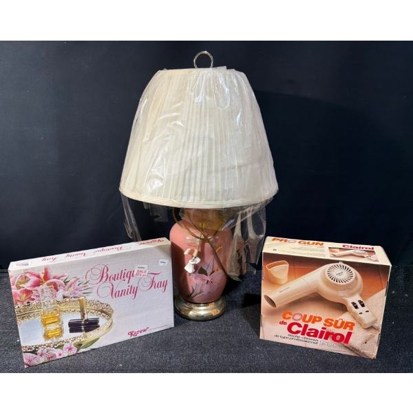 Boutique Essentials- Vintage Pink Lamp, Beautiful Vanity Tray, Vintage Hair Dryer