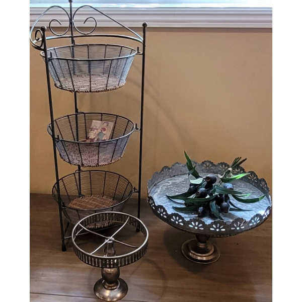 Three-Tiered Metal Basket Stand and Two Metal Pedestal Display Stands