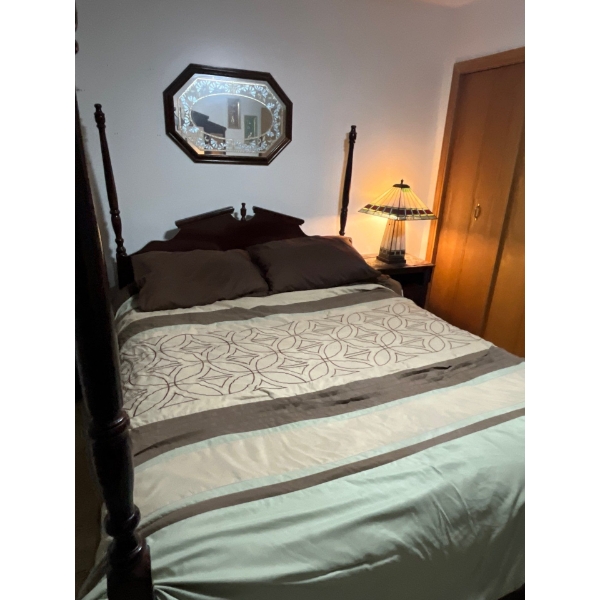 Complete Bedroom Set with 4 Post Bed Frame, Full Size Tall Dresser, Two Nightstands
and A Dresser Wi