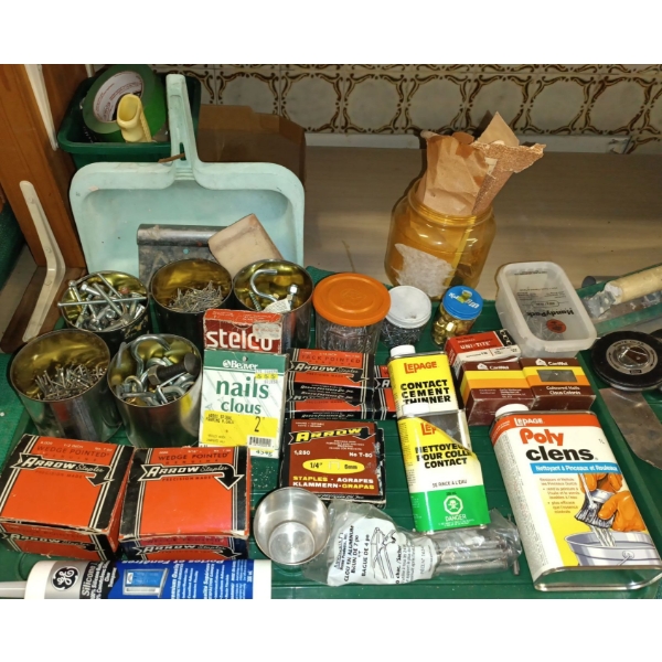 Assortment of Shop Supplies  Garage Items  Hooks, Nails, DustPan, 