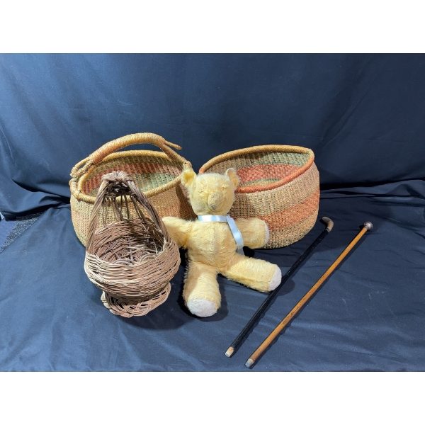 Wicker Baskets, Teddy Bear, and Walking Stiks