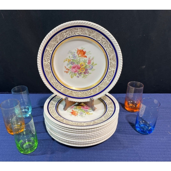 12 Vintage Johnson Brothers Old English Plates & 5 Colourful Glasses