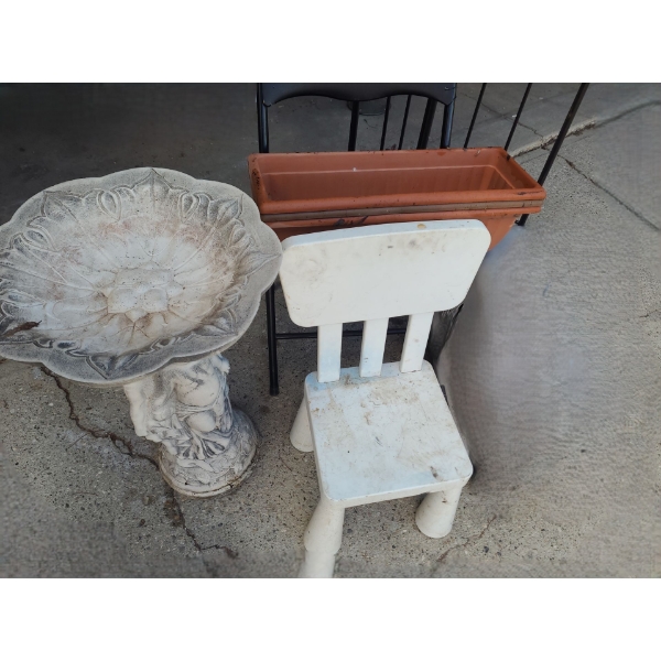 Resin Birdbath 17" Diameter 27 T, Metal Garden Panel X2 (16 W, 76 T), Black Chair 17 W, 15 D, 32 T