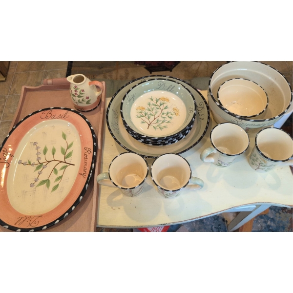 Hand-Painted Ceramic Herb Motif Dinnerware Set