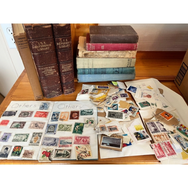 Vintage Stamp collection with assorted vintage books. Heidi grows up, Heidi’s children, The adventur