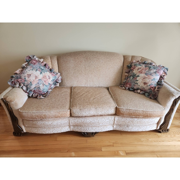 Vintage Three-Seat Sofa with Rose Embossed Pattern and Wooden Details