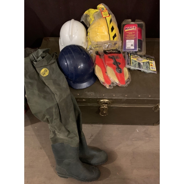 Hard Hats, Storm Master Rubber Boots (Size 11), Fiberglass Tape, Circulation Tank Heater & More 