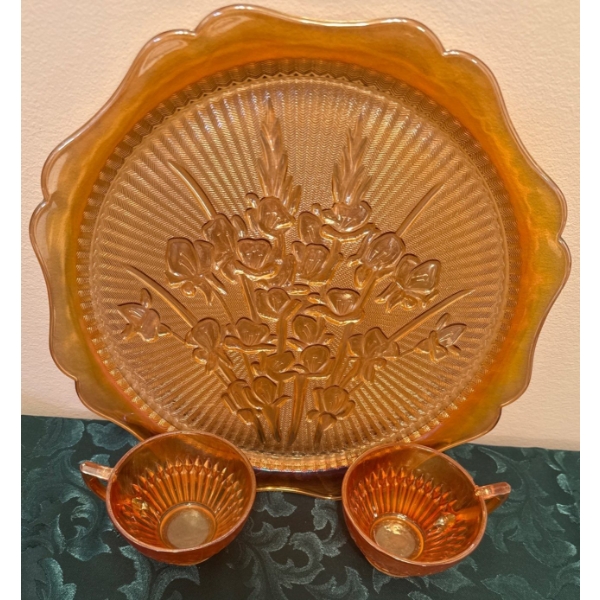 Iris Herring Bone Plate & Anniversary Tea Cups Marigold Carnival Glass  (Jeanette Glass Co)