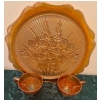 Image 1 : Iris Herring Bone Plate & Anniversary Tea Cups Marigold Carnival Glass  (Jeanette Glass Co)