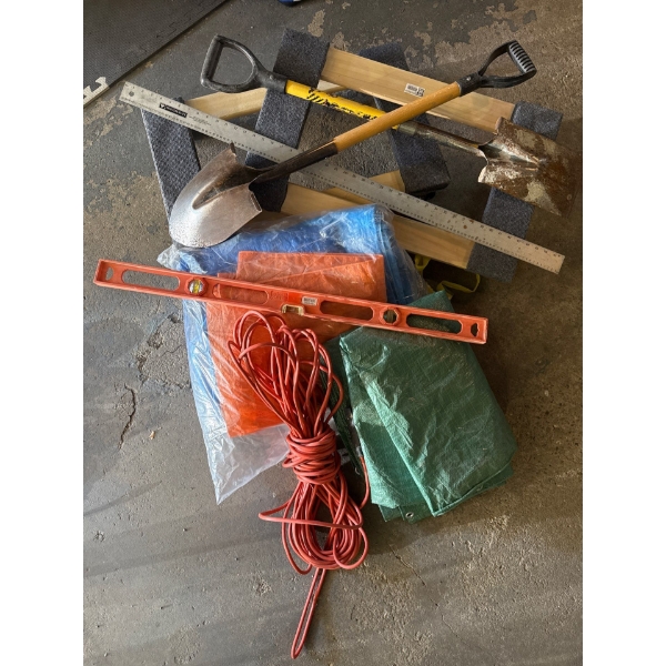 Shop Necessities - Level, Extension Cord, Tarps, Shovels, Mastercraft Ruler, Dollies