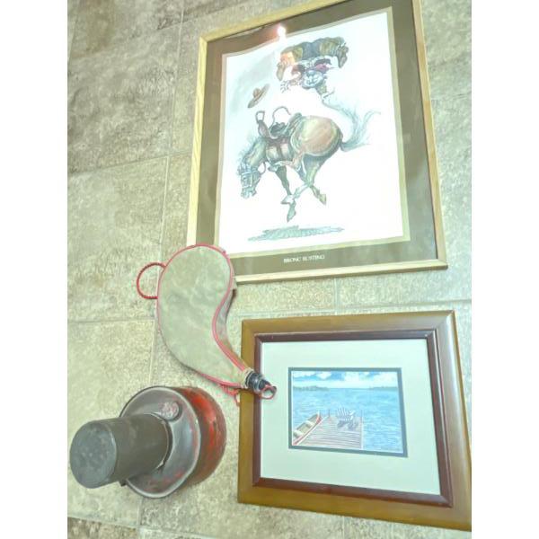Oil Lantern With Vintage Leather Water Flask Plus Cowboy Pictures x 2