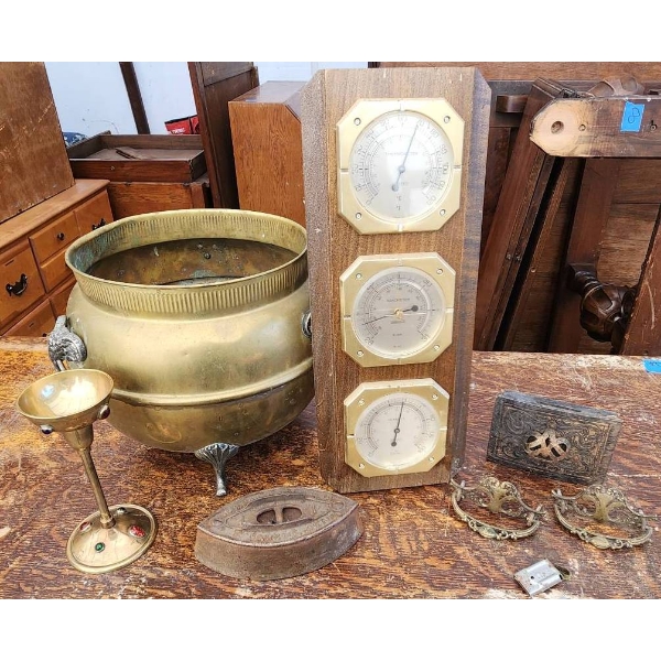 Vintage Items Including Brass Cauldron, Barometer, and More