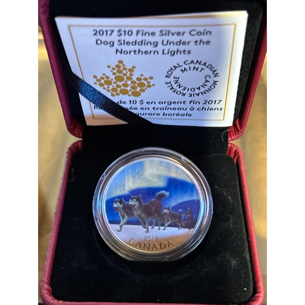 2017 $10 Dog Sledding Under the Northern Lights - Pure Silver Coin