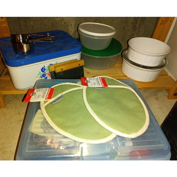 Kitchen Collection Of Assorted Vintage Utensils, Measuring Cups, Cannister, & Kitchen-Aid Oven Mitts