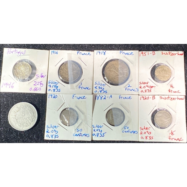 French Francs and Centimes and a Portuguese Coin 