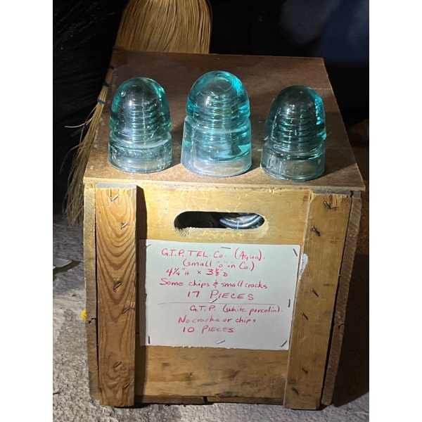 box of antique insulators GTP tell company aqua small some have chips. Some have cracked 17 pieces G