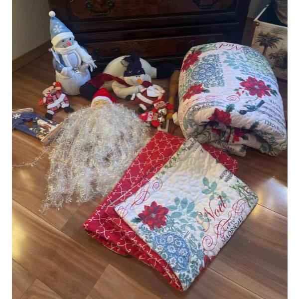 Christmas Queen Size Quilt w/ Matching Shams & Assorted Holiday Decor