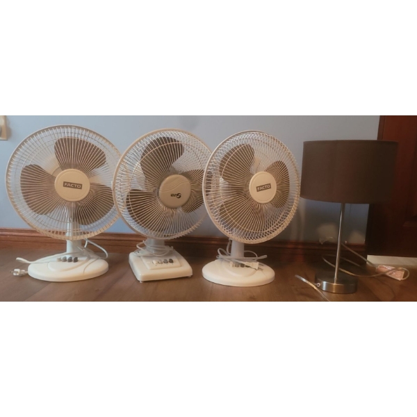 Three Office Size Desk Fans w/ Table Lamp & Shade