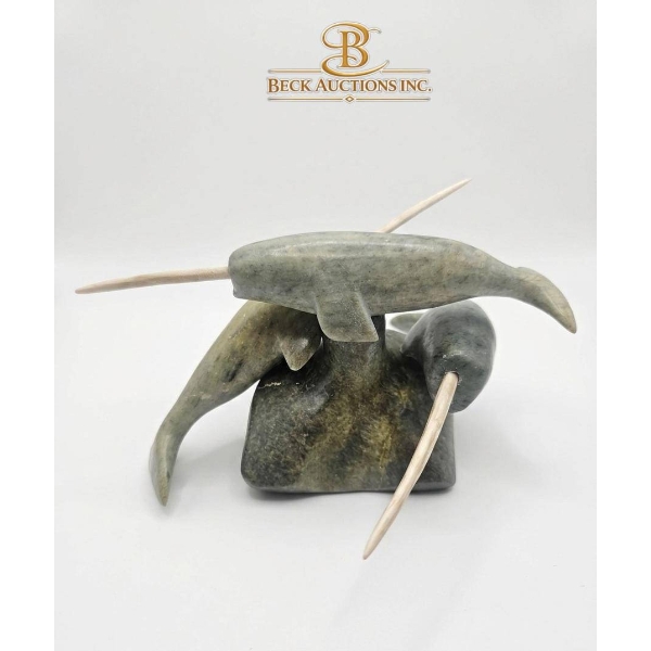 Carved Soapstone Sculpture of Two Narwhals