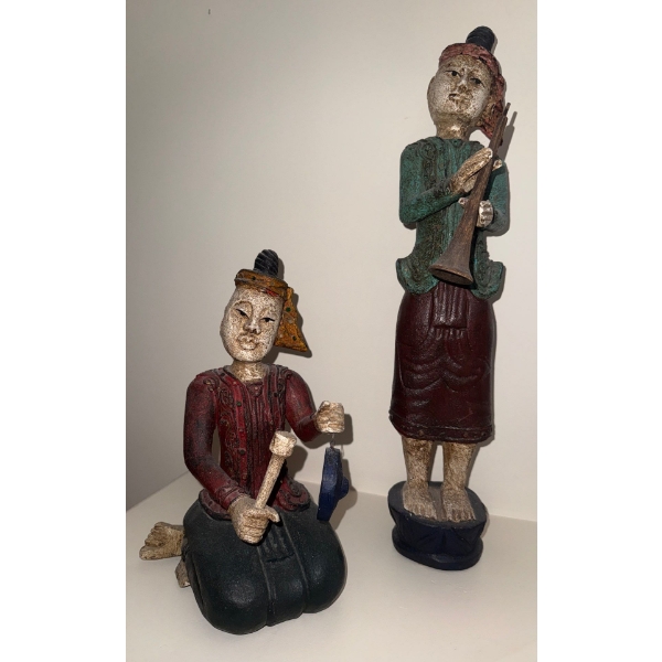 Vintage Handcarved Burmese Musician Figurines Made Of Albesia Wood 17"Tall